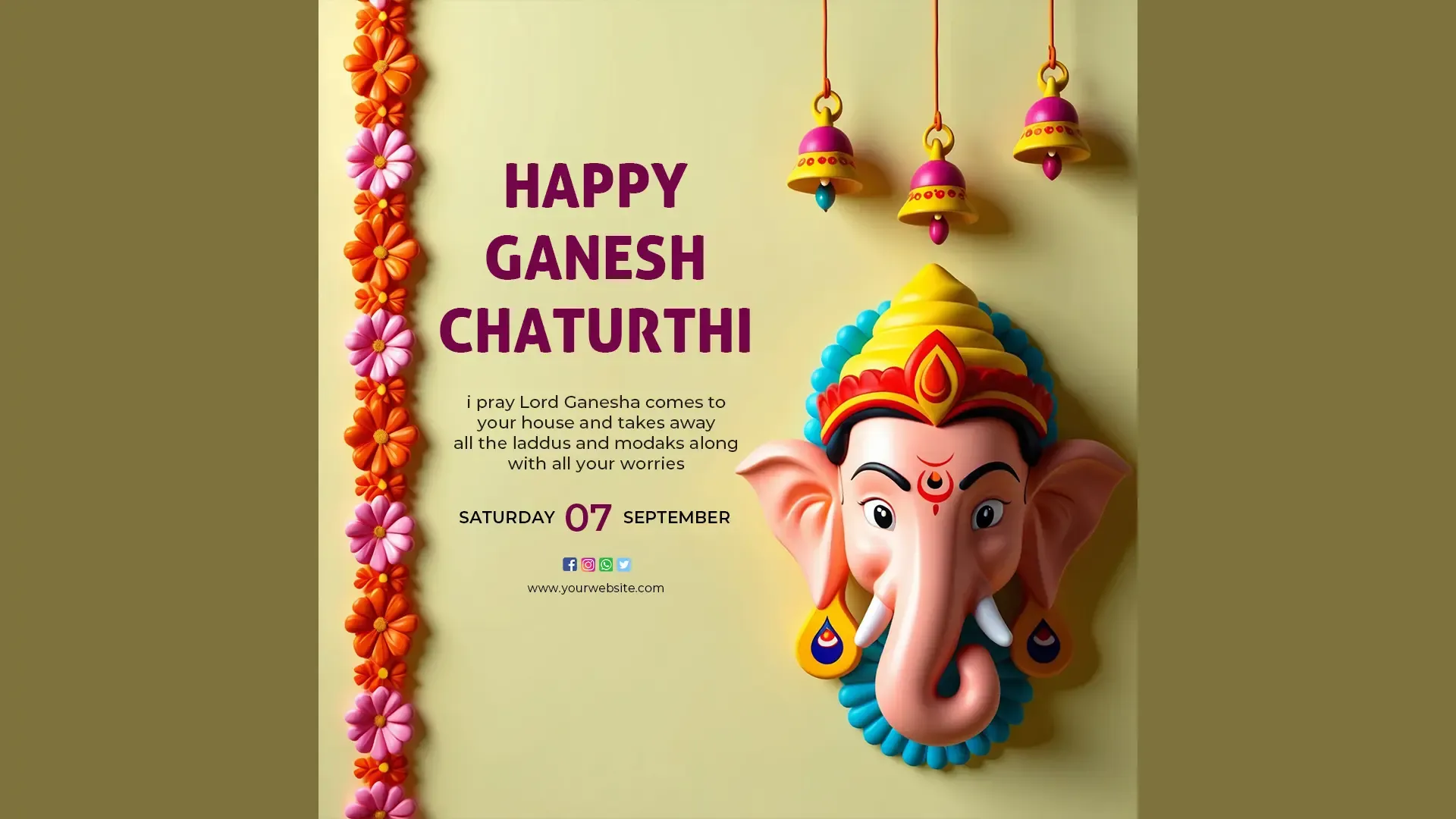 Happy Ganesh Chaturthi Instagram Post with Traditional Bells and Flowers